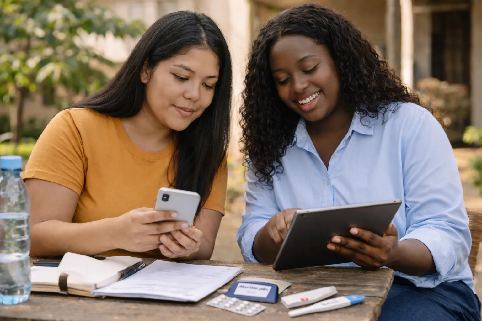Two women sitting outdoors reviewing information on a smartphone and tablet, representing access to digital abortion care resources.